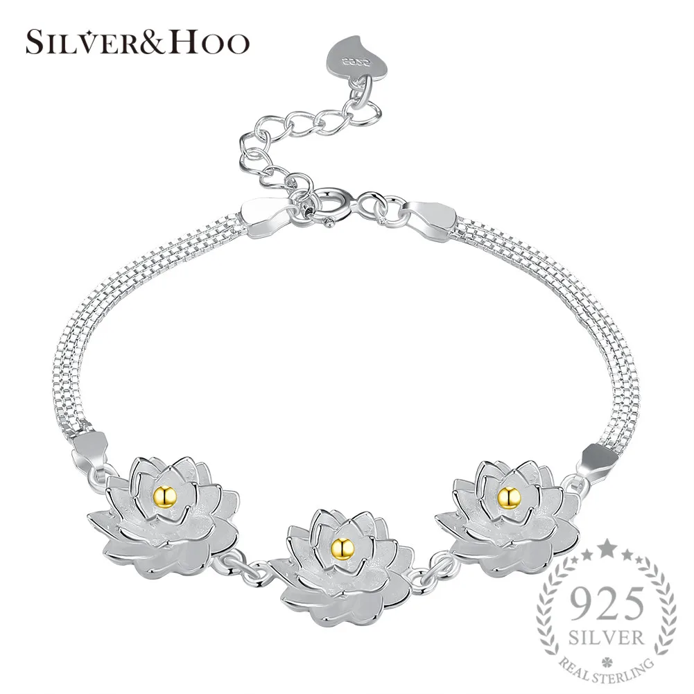 

SILVERHOO Genuine 925 Sterling Silver Lotus Flower Bracelets for Women Girls Birthday Gift Elegant Fine Jewelry Adjustable