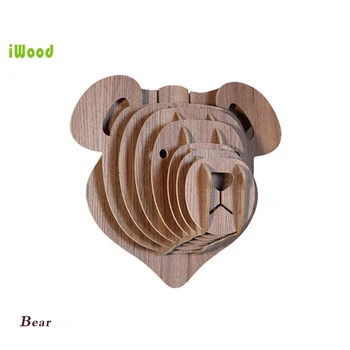 

2016 New Art Home Wall Decoration Hangings Happy Teddy Wood Bear Animal Head Furniture DIY 3D Decorative Wooden Crafts