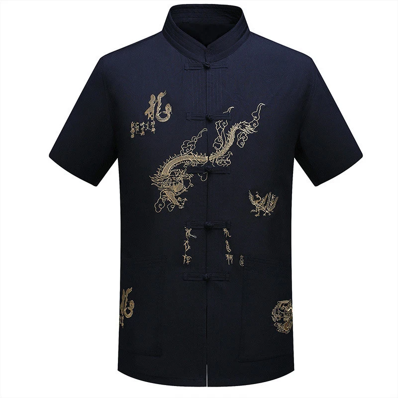Traditional Chinese Tang Suit Men Shirts Embroidery Dragon Design Short