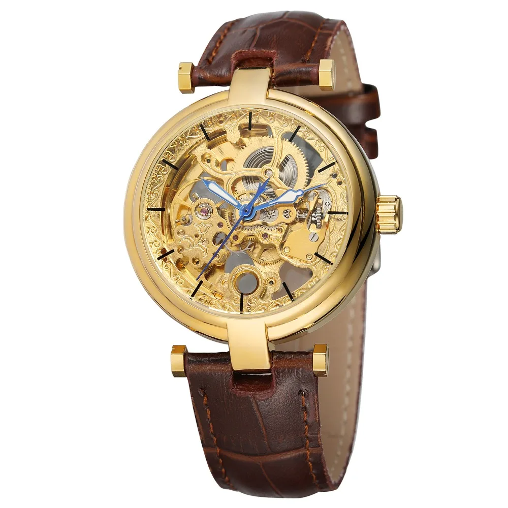 

Fashion Skeleton Clock Blue Hands Men's Mechanical Automatic Self Wind Watch Brown Genuine Leather Luminous Hands Horloge Mannen
