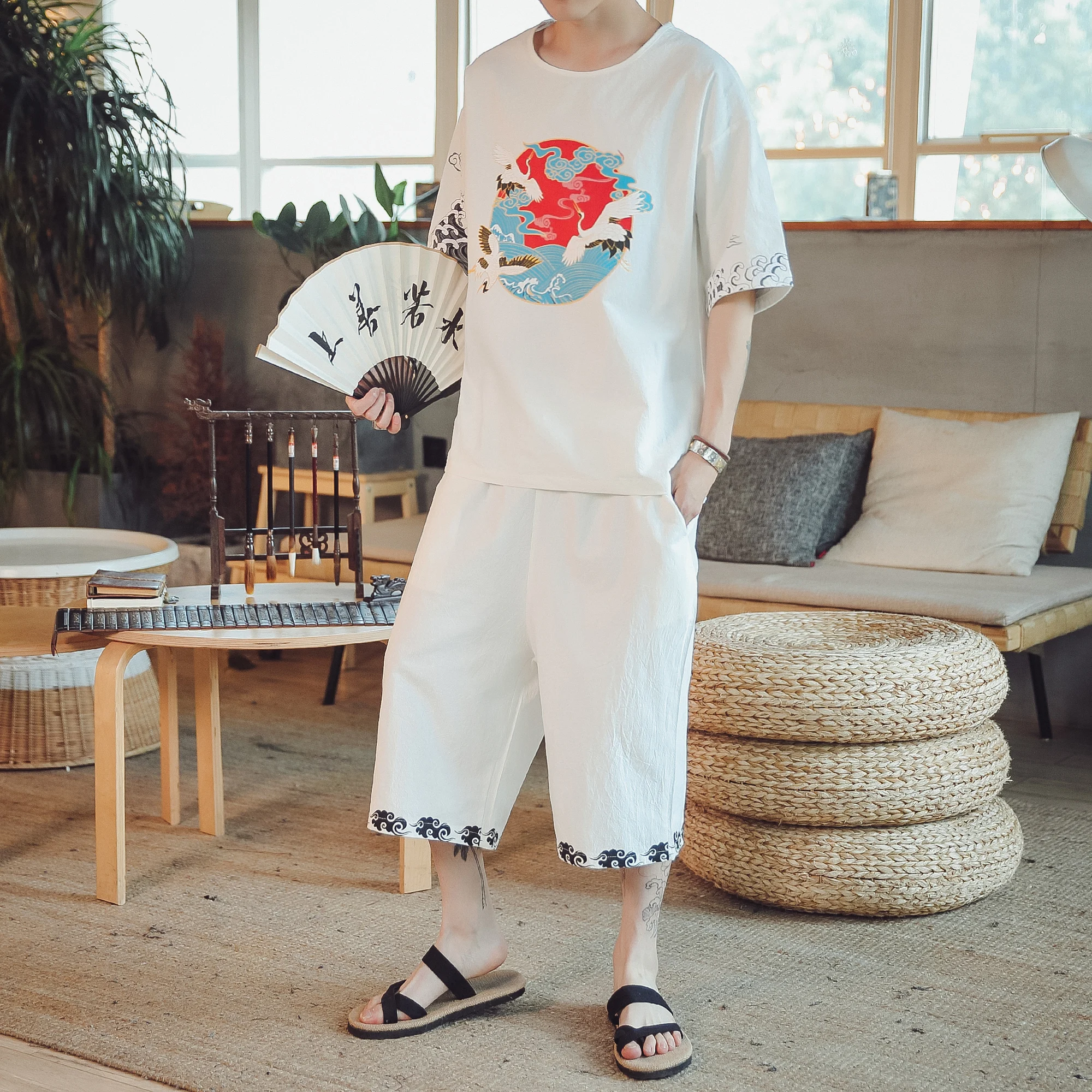 

LOLDEAL Chinese Style Casual Sportswear Summer 2 Piece Set Short Sleeve Summer Cotton and Linen Set Thin Section Men Short Set