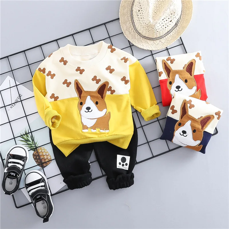 

2019 baby spring and autumn boys and girls clothes casual puppy cartoon letters cotton sports t-shirt two-piece dress