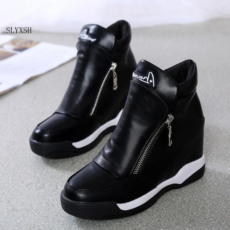 

SLYXSH 2019 autumn and winter new high high shoes wedges plus velvet platform casual sports shoes side zipper black short boots