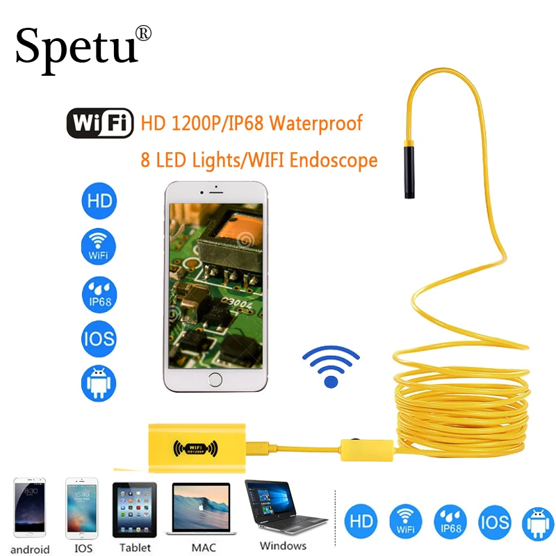 

Spetu 1200P HD 2MP 8mm WIFI Endoscope Camera Mini Waterproof Hard Cable Inspection Camera USB Borescope IOS Endoscope For IPhone
