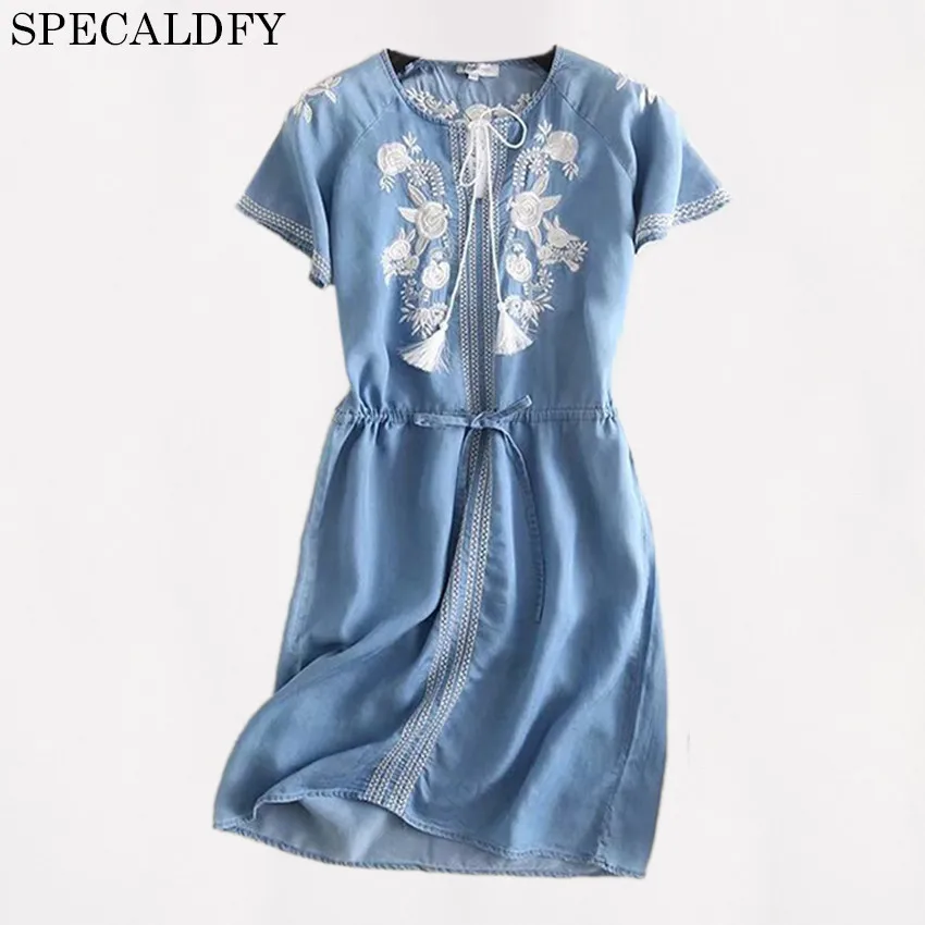

2018 Summer Jeans Dress Women Bohemian Lace Up Floral Embroidery Tencel Denim Dress Plus Size Casual Shirt Dresses Robe Femme