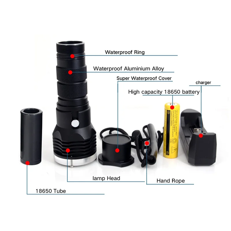 

Hot Sale LED Flashlight 1200 Lumens With Battery & Charger Waterproofness Professional Diving Flashlight Underwater Up to 200m