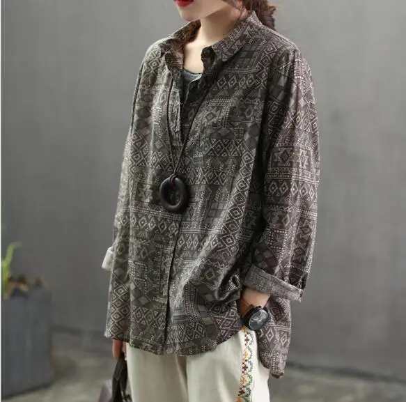 

vintage geometric print floral cotton long sleeve shirt blouse