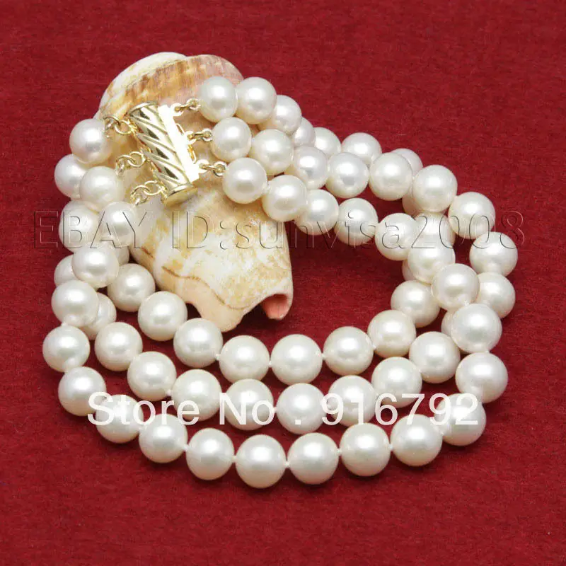 

free P&P lovely 3 rows AAA 9mm white fresh water akoya pearls bracelets 8"