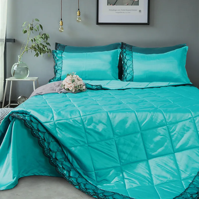 

Europe style Pure color tencel material summer quilt Lace edge washable 1.8m Air conditioning quilt sheet pillowcase sets