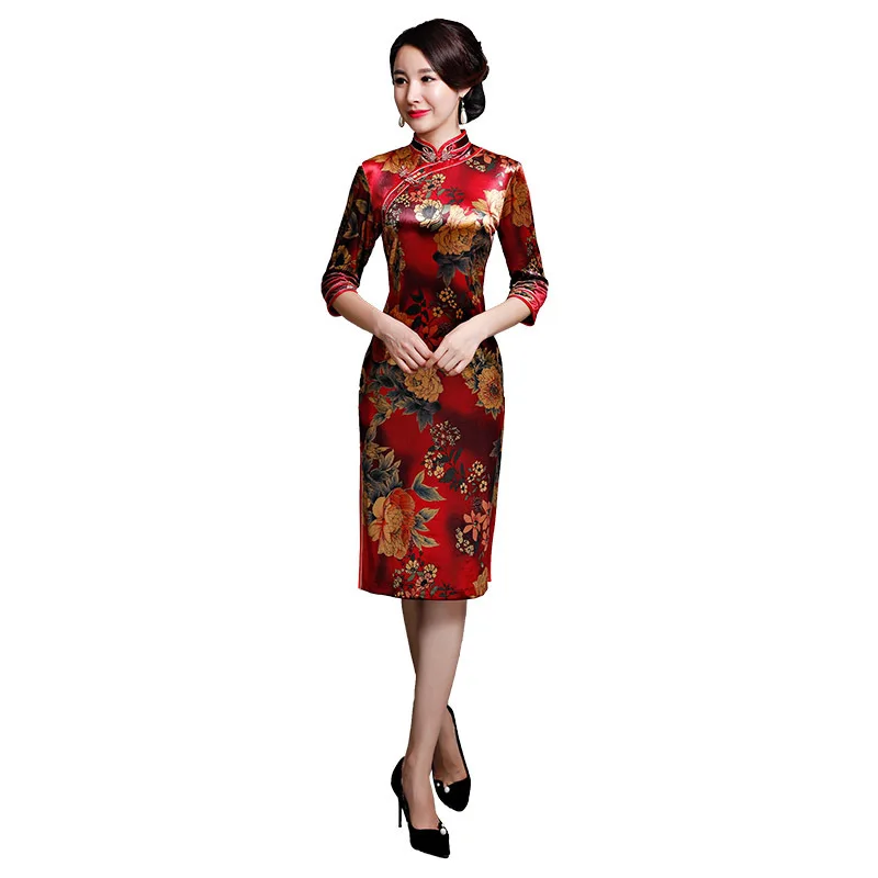 Новый осень-зима улучшилось Cheongsam платье для мамы длинные участки Тонкий тонкий среднего возраста ежедневно Cheongsam