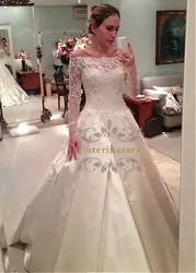 Великолепные Атласное Бальное Платье Свадебное платье кружево Иллюзия аппликации одежда с длинным рукавом Невесты Bateau средства ухода за