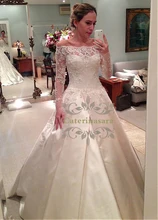

Gorgeous Satin Ball Gown Wedding Dress Lace Appliques Illusion Long Sleeves Bride Gowns Bateau Neck Zipper Closed