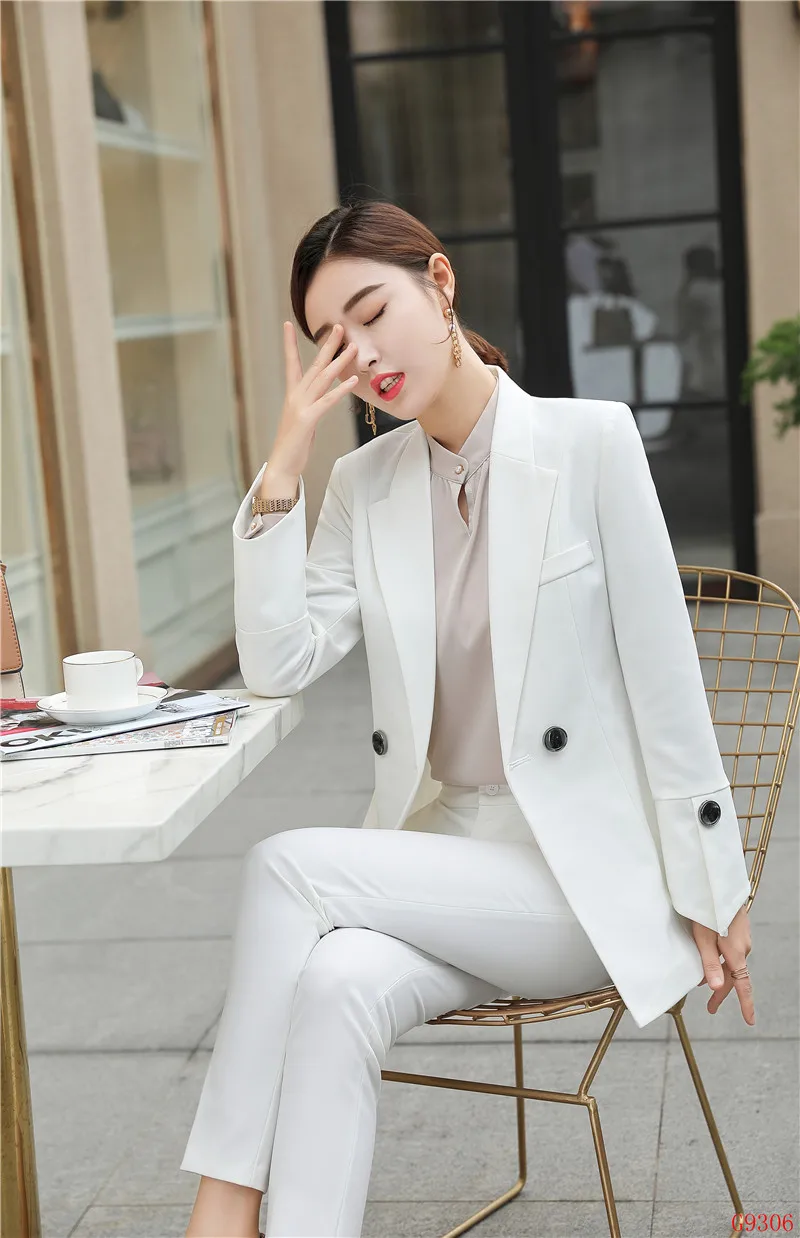 Модные повседневное дамы белый блейзер для женщин бизнес костюмы брюки и куртка наборы для ухода за кожей повседневная обувь офис