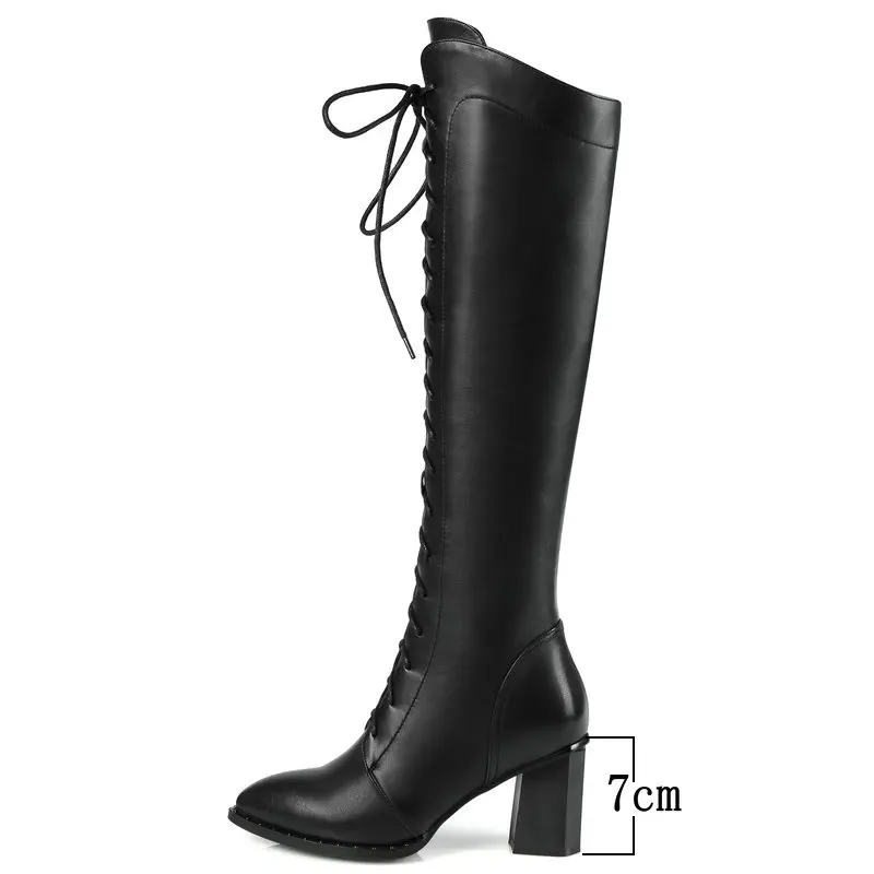 Noir Bout Mode Lacets Robe D'hiver Latérale Carré marron Talons Glissière Hauts Bottes Pointu Haute Cuir Brun Noir Femme Genou Véritable À En srQdCth