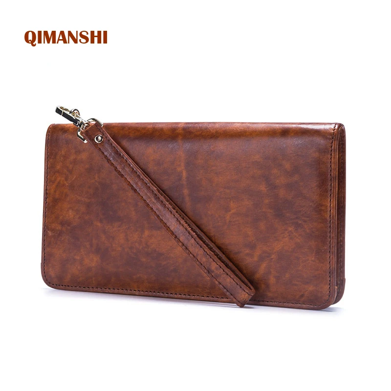 

QIMANSHI Genuine Leather wallets Toplayer Cowhide Oilwax leather Purse Zipper handbag Fashion Card holder High Capacity for male
