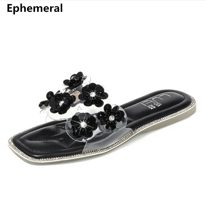 

Ladies Transparent Slippers Clear Open Toe Flowers Shoes Spongy Insole Anti-Slip Slides Black And White High quality New Fashion
