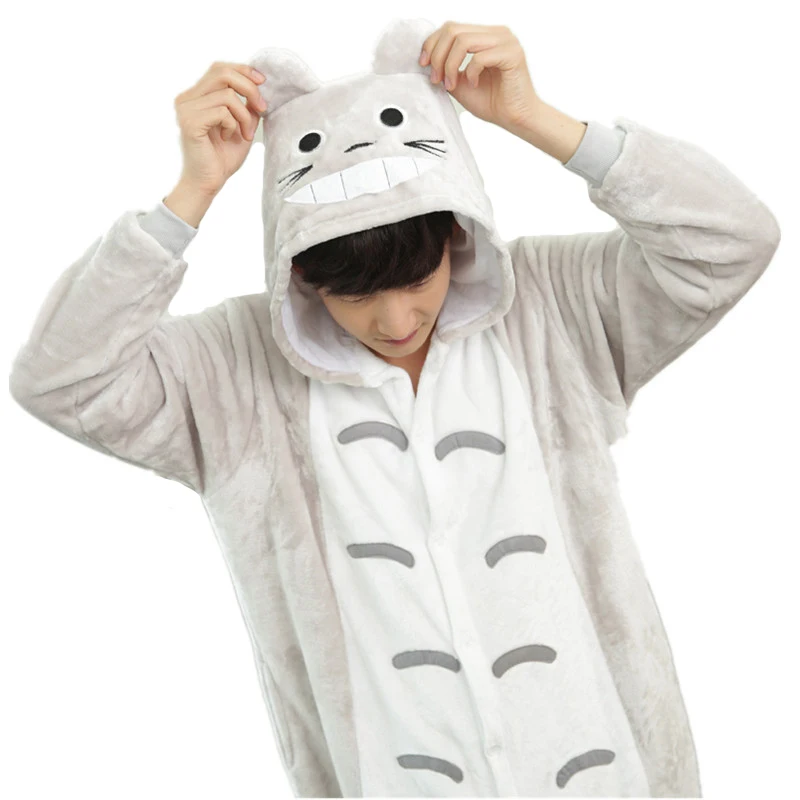Lovely Cartoon Totoro Cat Onesie For Adults Large Size Flannel Pajamas Kigurumi For Halloween Cosplay Parties Overall Bodysui