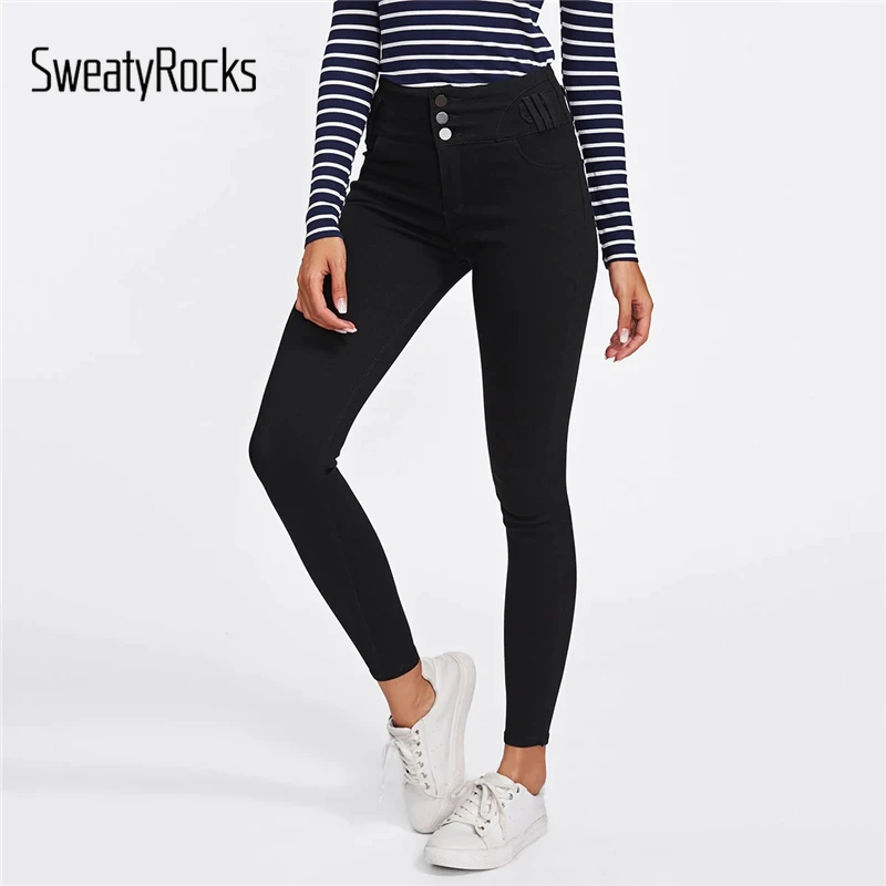 

SweatyRocks Skinny Ankle Pants Women Black Sweatpants 2019 Button Details Casual Basics Trousers Female High Waist Pants