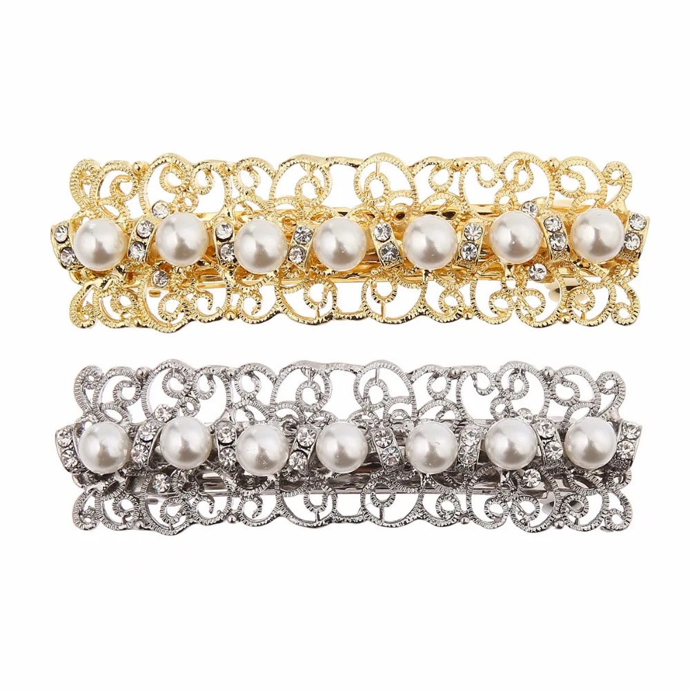 

Gold and silver 1pcs Hand Crafted Metal Barrette Rhinestone Hair Clips French Barrette Flower Style Hair Pin for Women and Girls