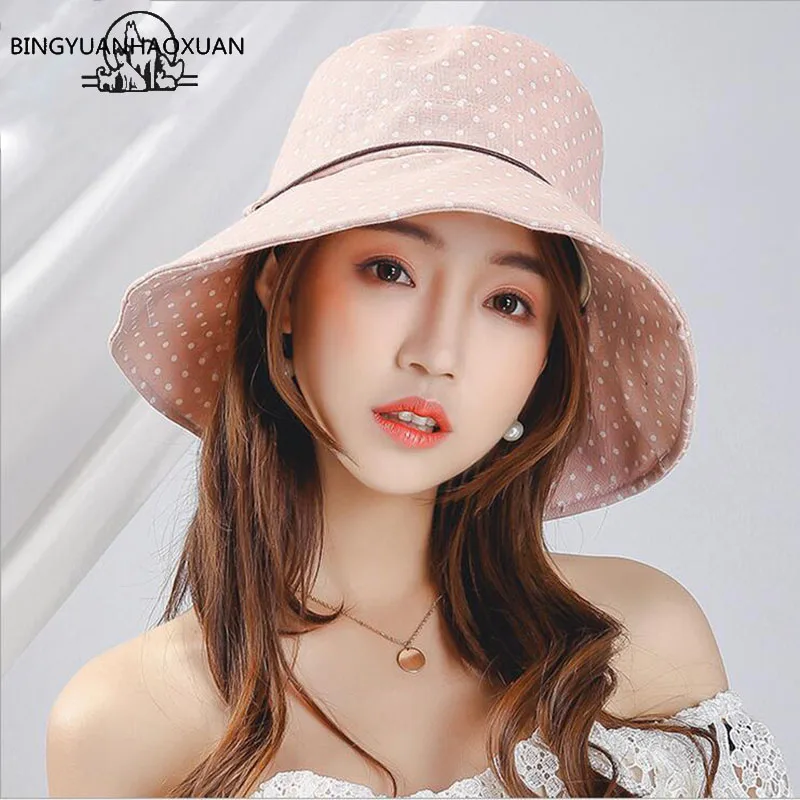 Шляпа от солнца BINGYUANHAOXUAN летняя хлопковая складная шляпа в горошек с широкими