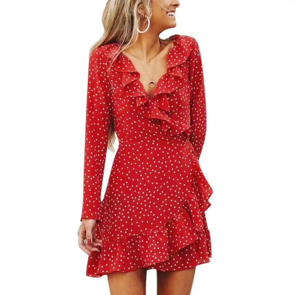 

Fashion 2019 Spring Summer Dress Ladies Dot Sweet Dress Women Sexy V-neck Ruffle Women Dresses Femme Irregular Dress Vestidos