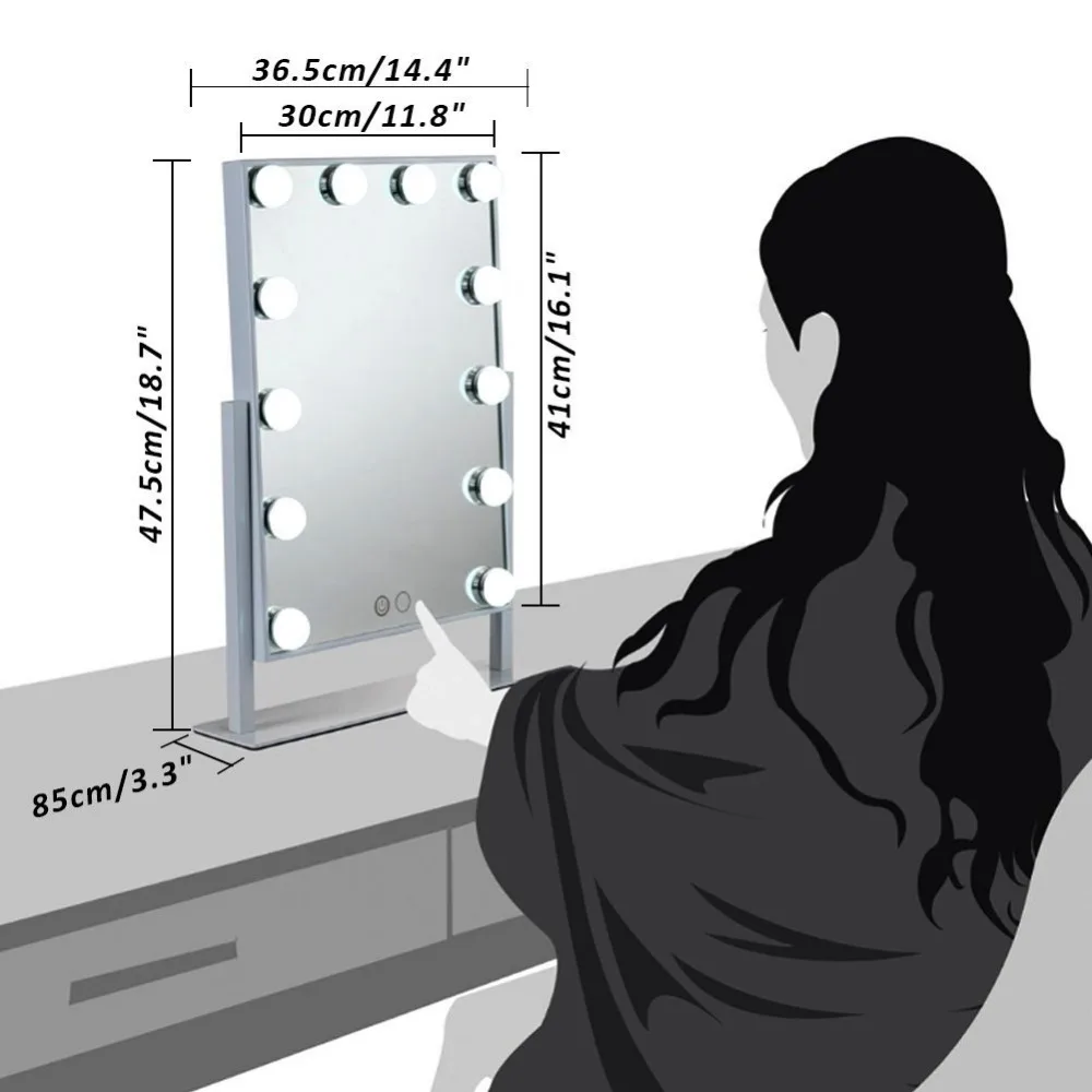 Освещенное зеркало с 12x3 W затемнения светодиодный лампы и Touch Управление дизайн, Голливуд Стиль Макияж косметические зеркала с подарком