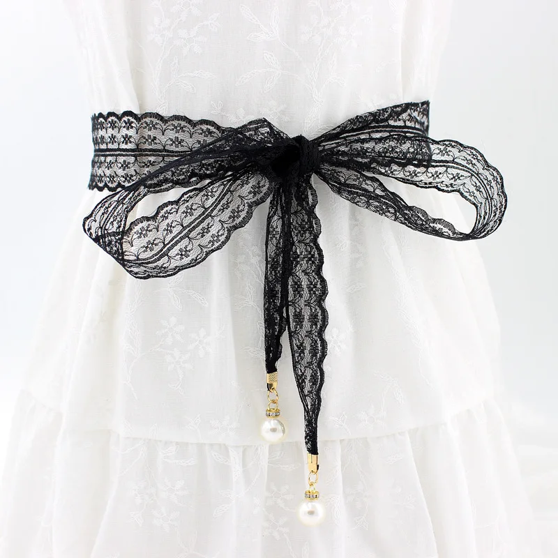 

New Design Women's Lace Belt For Dress Hollow Out Knotted Belt Ladies Pearl Pendant Waist Rope Harajuku Ins Belt