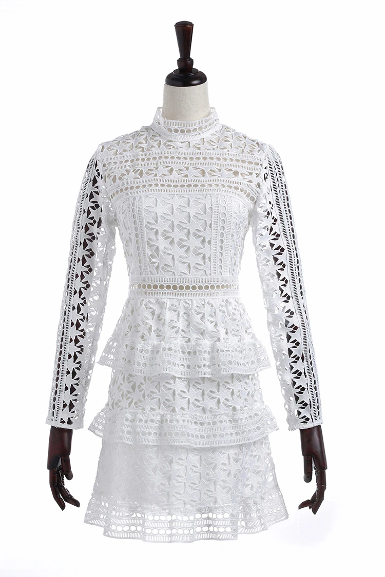 Высокое качество платье Для женщин Весна длинным рукавом геометрический кружева выдалбливают взлетно-посадочной полосы Белый платье для автопортретов вечерние платья Vestidos