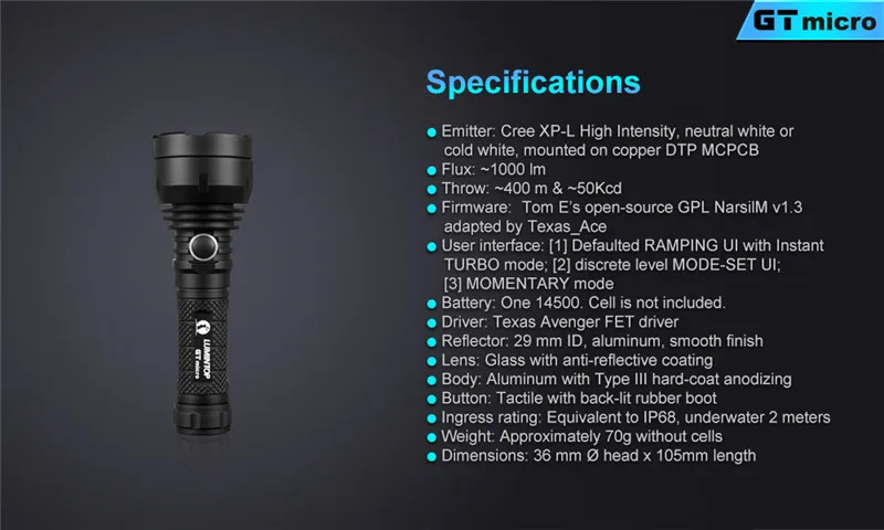 LuminTop GT Micro 1000lm High Power LED Flashlights 400m  Aluminum Alloy Searchlight EDC 14500 Waterproof Torch Light (6)