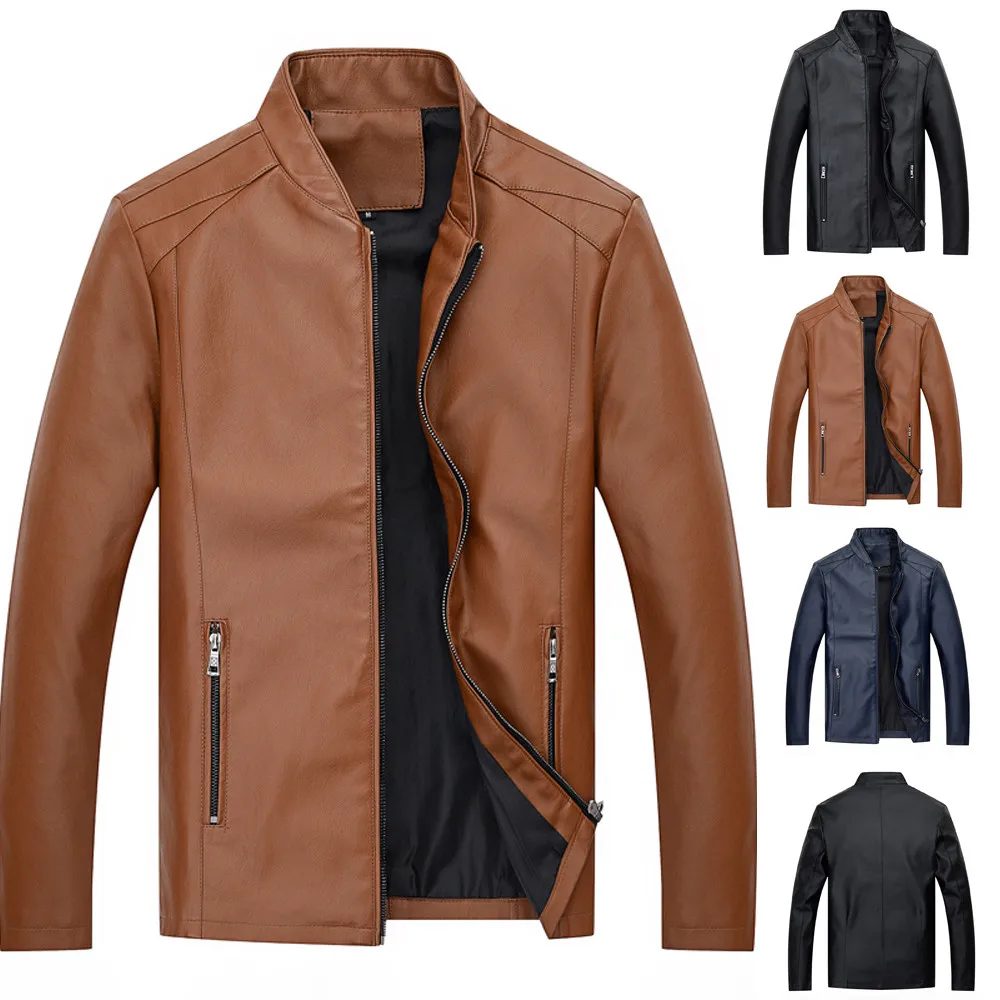 ISHOWTIENDA Men's Leather  Coat Autumn Winter New Fashion  Clothing Rest Collar Zipper  Men Men's Trench Coat Trenchcoat  #Y20