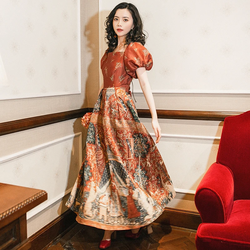 

2019 new fashion women's dresses Red vintage court waist slim printed dress