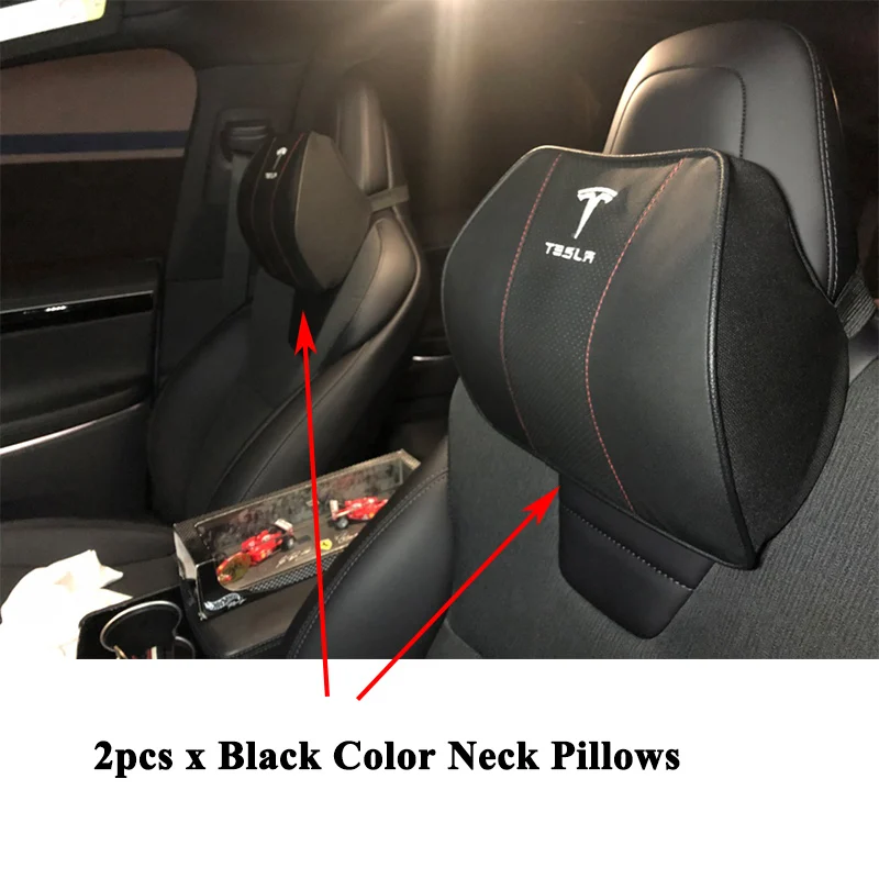 Стайлинг пены памяти комфорт подголовник автомобиля подушка для шеи протектор подушки Чехол Логотип Аксессуары для Tesla модель S модель X 3 - Цвет: 2pcs Black