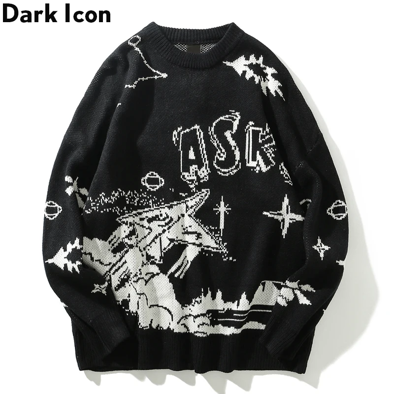 

Dark Icon Round Neck Pullover Men's Sweater Oversized Printed Hip Hop Sweaters Men Black