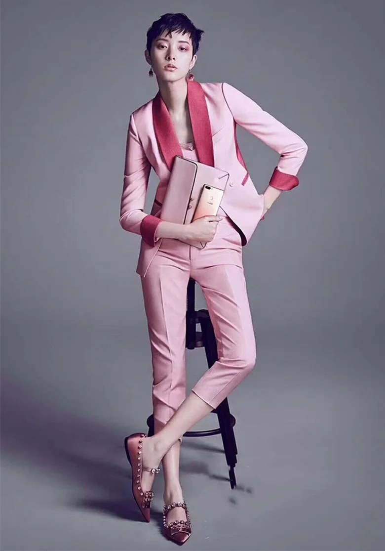 Весна осень женские модные розовые лоскутные брюки наборы офисные женские шали воротник пальто Блейзер+ жилеты+ брюки Y215