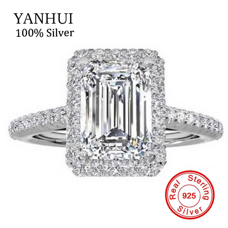 

Big Promotion!!! YANHUI 100% Pure Silver 925 Ring Luxury Big 8mm AAAAA Zirconia Engagement Rings Crystal Jewelry For Women R999