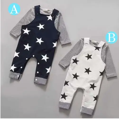 

Retail 2015New 2pcs Long sleeve + suspenders baby boy girl clothes cotton100% Autumn long sleeve straps star infant boy clothing