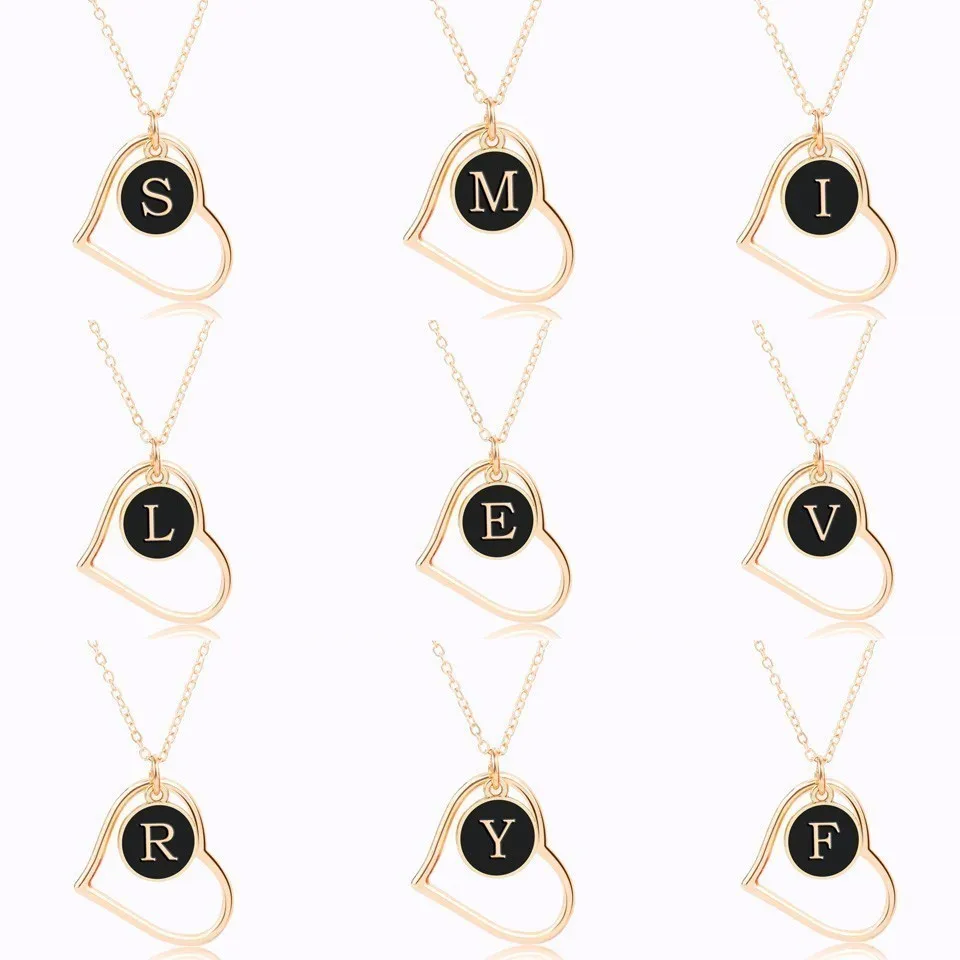 

Cute A-Z Initial Black Round Pendant For Women Gold 26 Letters Necklace Double Side Love Heart Necklaces&Pendants Lovers' Gifts