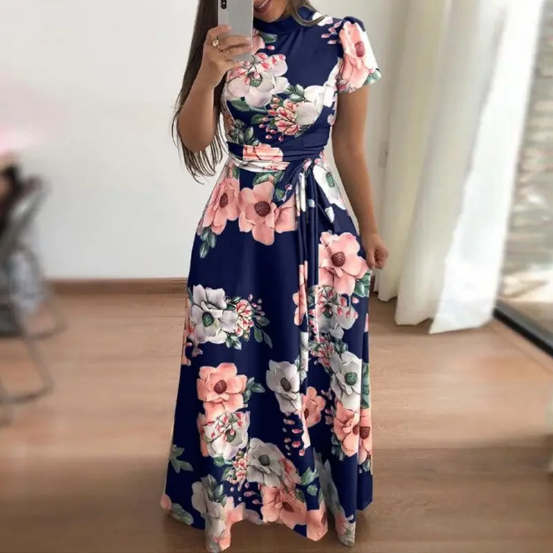 

Laamei 2019 Floral Print Long Dress Summer Short Sleeve Women Maxi Dress Casual Bandage Elegant Dress Boho Vestidos Plus Size