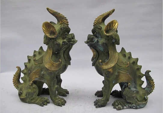 

B0601 51811"China Folk Bronze Gild Avoid evil Door Foo Dog Lion Dragon Kylin unicorn Pair statue