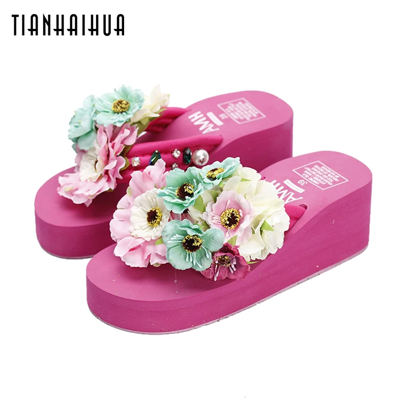 Women 2018 6cm Summer Shoes Rhinestone Homemade Flower Wedges Sandals 