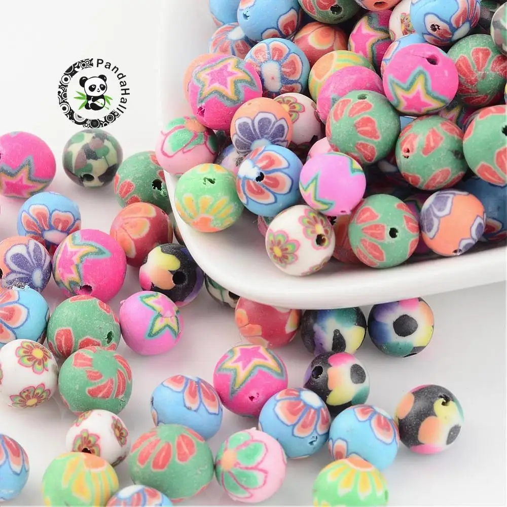 

500pcs 8mm Assorted Handmade Flower Pattern Beads Round Polymer Clay Spacer Beads Bulk Beads DIY Jewelry Making Colorful