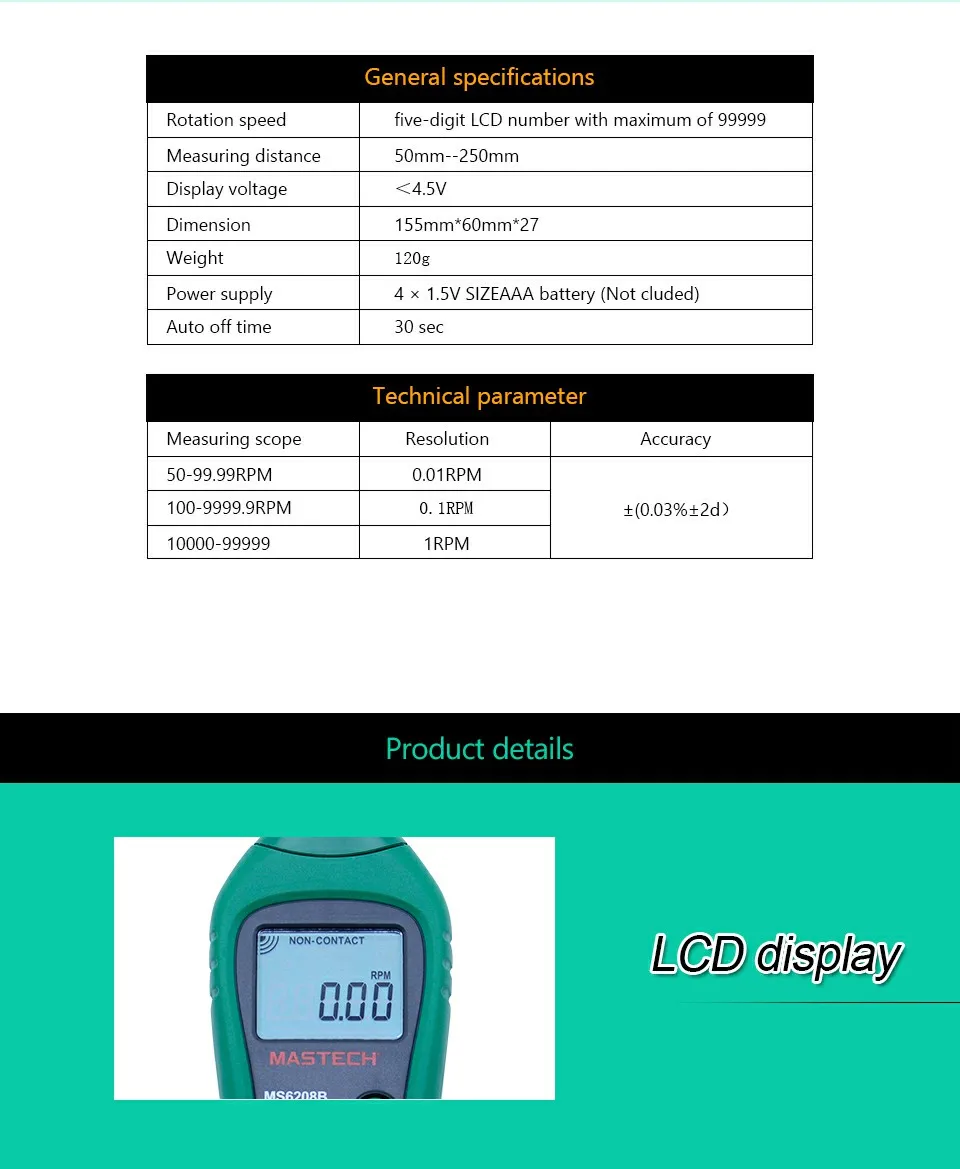 MASTECH Бесконтактный цифровой тахометр RPM метр Tacometro скорость вращения 50 RPM-99999 RPM 100 Удержание данных MS6208B