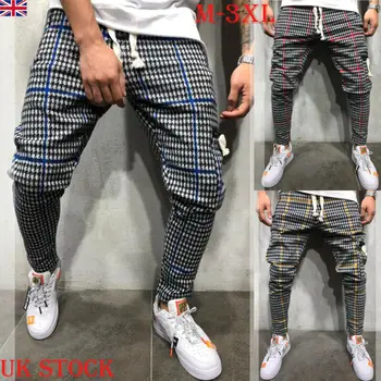 

2019 New UK Casual Gym Men's Trousers Plaid Tracksuit Bottoms Skinny Joggers Sweat Track Pants