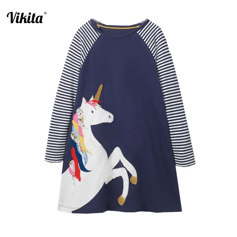 VIKITA Girls Dress Unicorn Baby Girls Cartoon Dresses Girl Striped Long Sleeve Dresses Children Clothing Fille European Dress