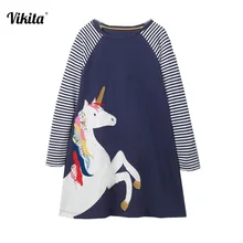 VIKITA Girls Dress Unicorn Baby Girls Cartoon Dresses Girl Striped Long Sleeve Dresses Children Clothing Fille European Dress