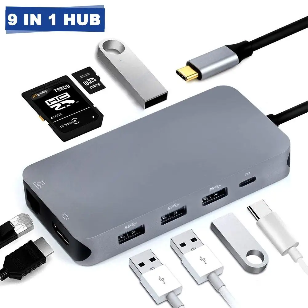 

9-in-1 Type C To HDMI/Gigabit LAN/USB HUB/SD/TF Port Multi - Function Docking Station HDMI 4K Hub Adapter For MacBook Pro Asus