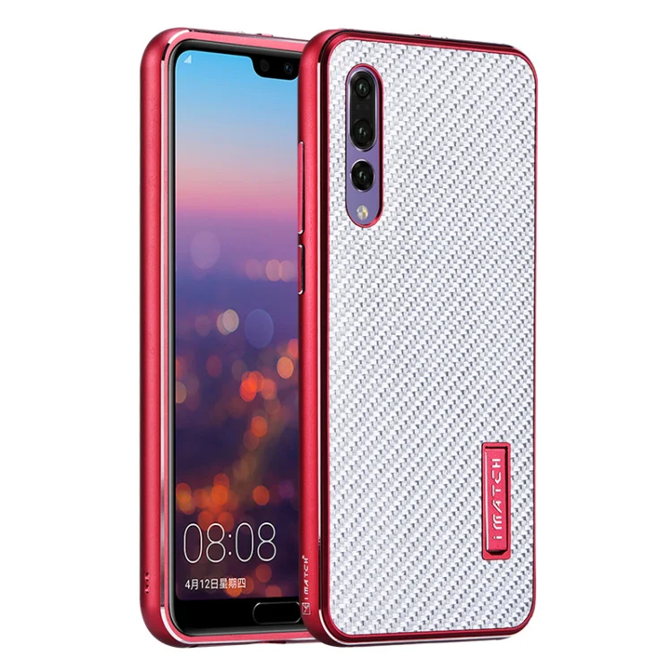 Чехол для huawei P20 Pro из алюминиевого металла+ чехол из настоящего углеродного волокна для huawei P20/P20 Pro, задняя крышка, роскошный жесткий защитный чехол - Цвет: red bumper silver