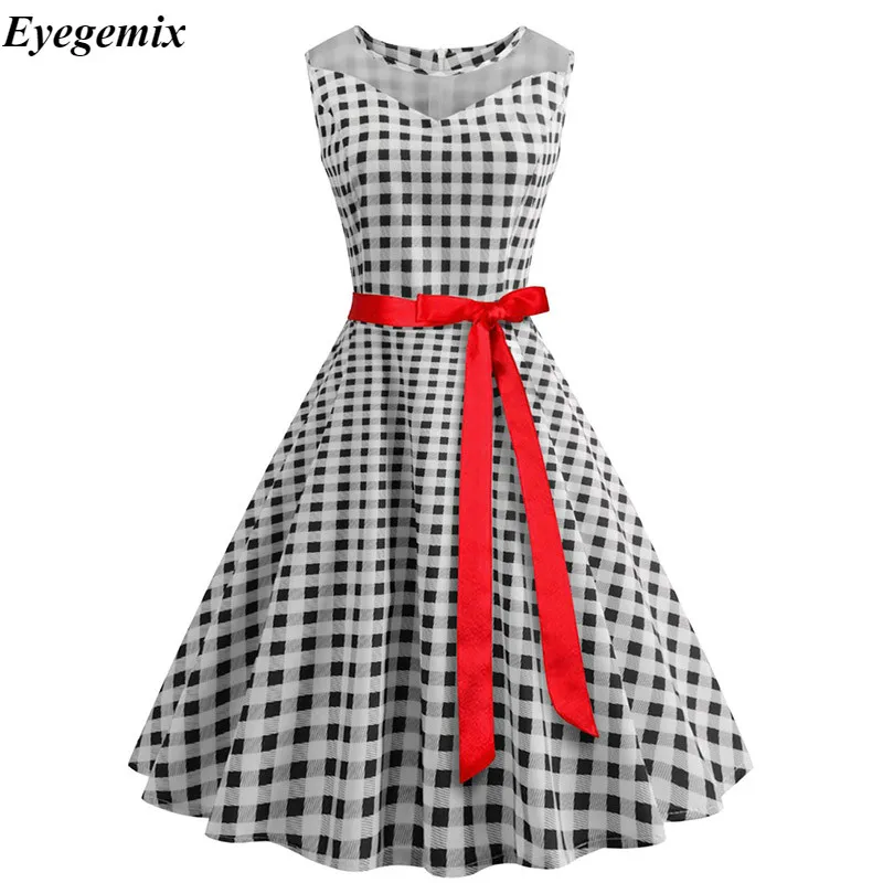 ShejoinSheenjoy 2018 New Retro Plaid O-Neck Hepburn Dress With Belt Short Sleeve Zippers Bow Slim Dresses Party Sundress (4)