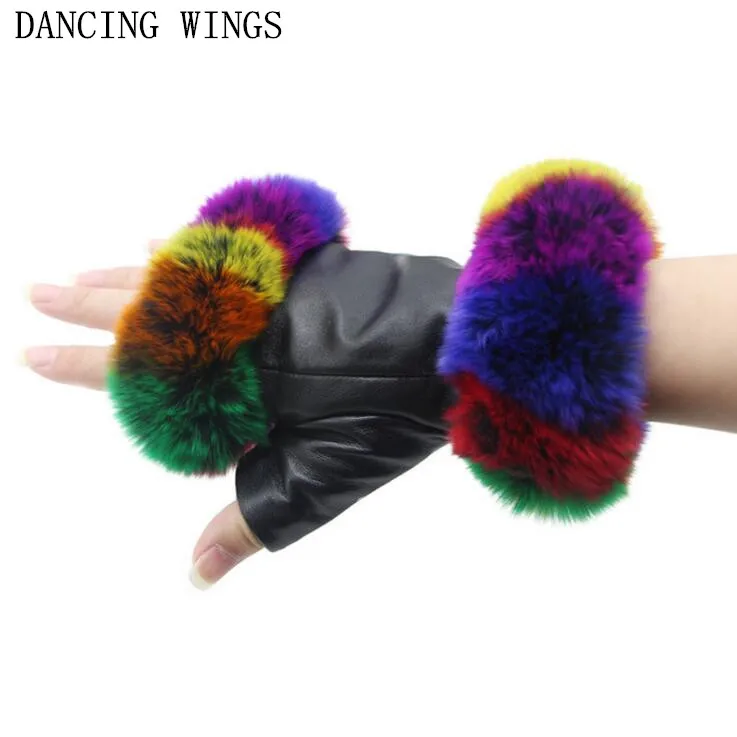 

Genuine Leather Gloves Winter Thermal Women's Fingerless Sheepskin Gloves With Real Rex Rabbit Fur Trim Mittens Driving Gloves