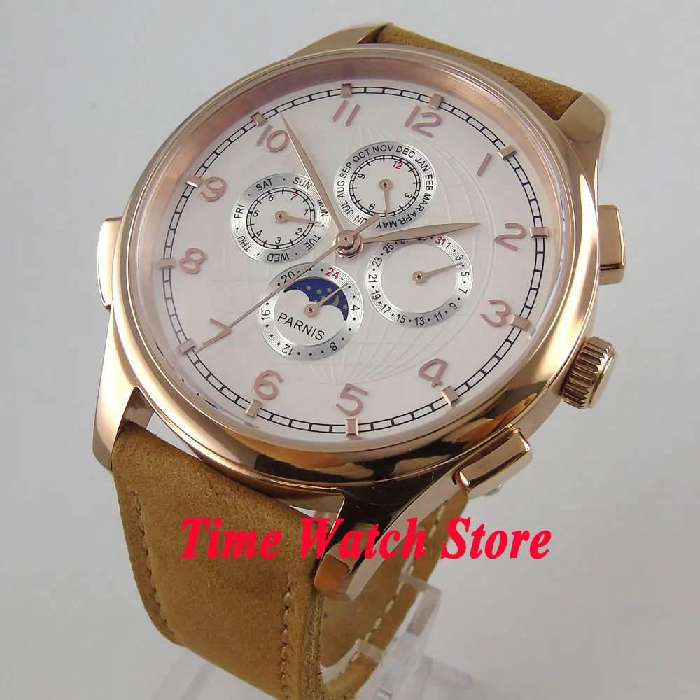 

Parnis 44mm golden Multifunction Date week Automatic Men's watch white dial brown leather strap 453